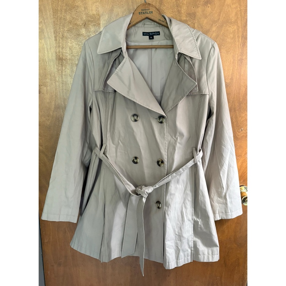 Via Spiga Tan Brown Hooded Pleated Trench Coat Jacket Minimalist Utility Size XL